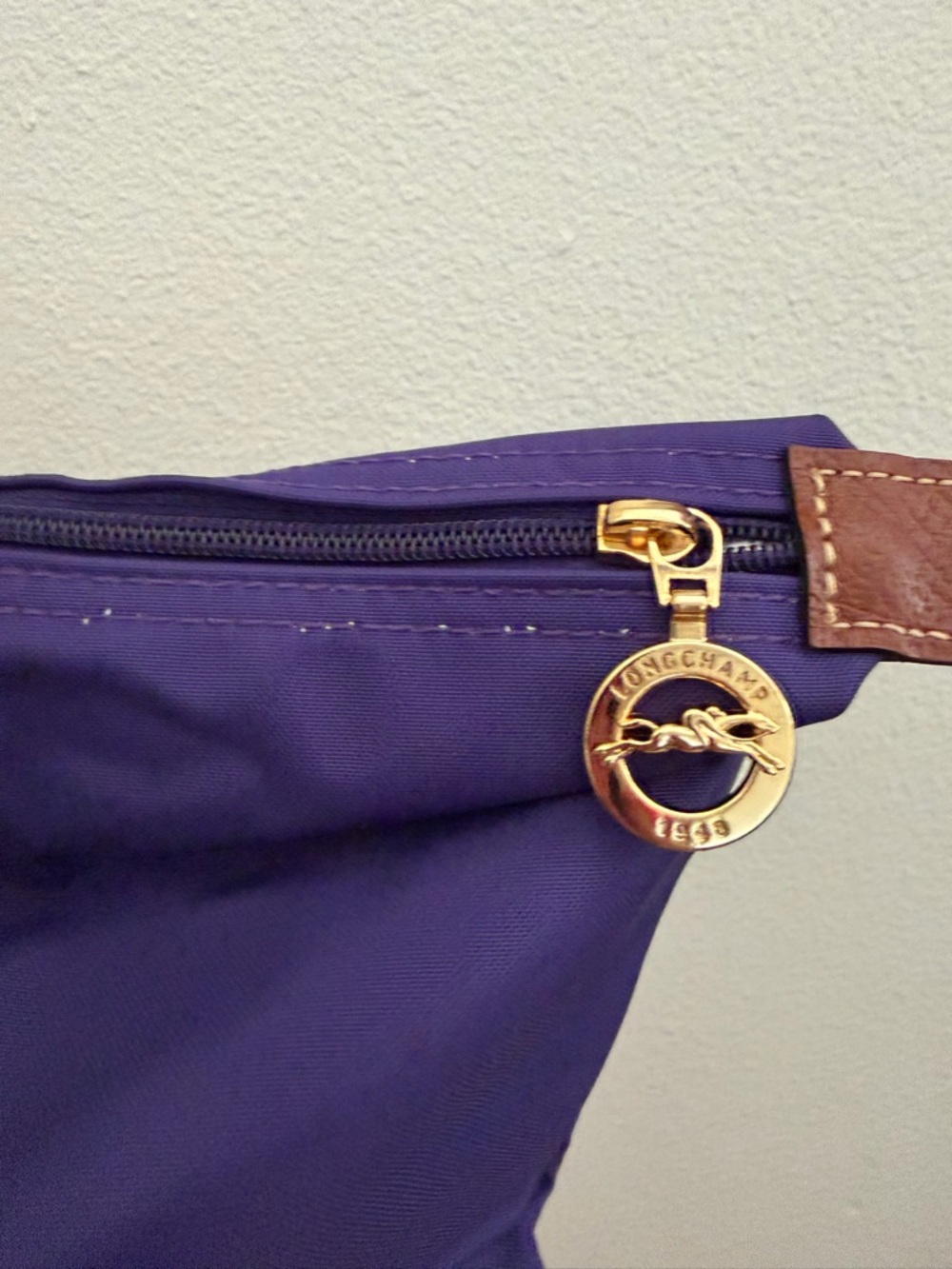 Longchamp Le Pliage Original Top Handle Bag in purple & brown leather - Picture 10 of 13